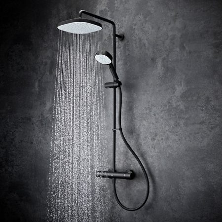 Sleek black modern shower system with rainfall and hand shower, designed for contemporary bathrooms.