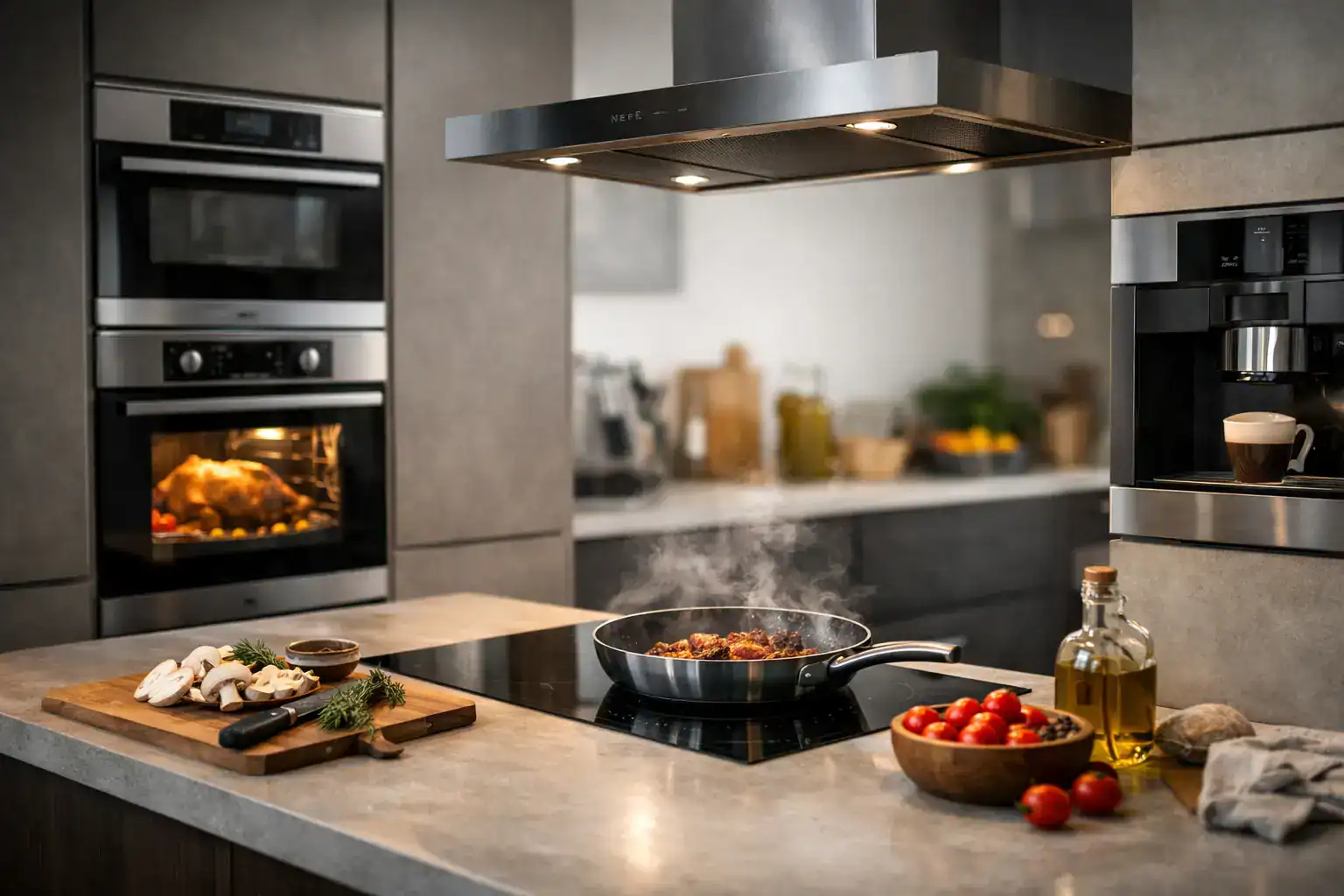 Contemporary kitchen featuring NEFF oven, microwave, and induction hob with a sleek design and modern finishes.